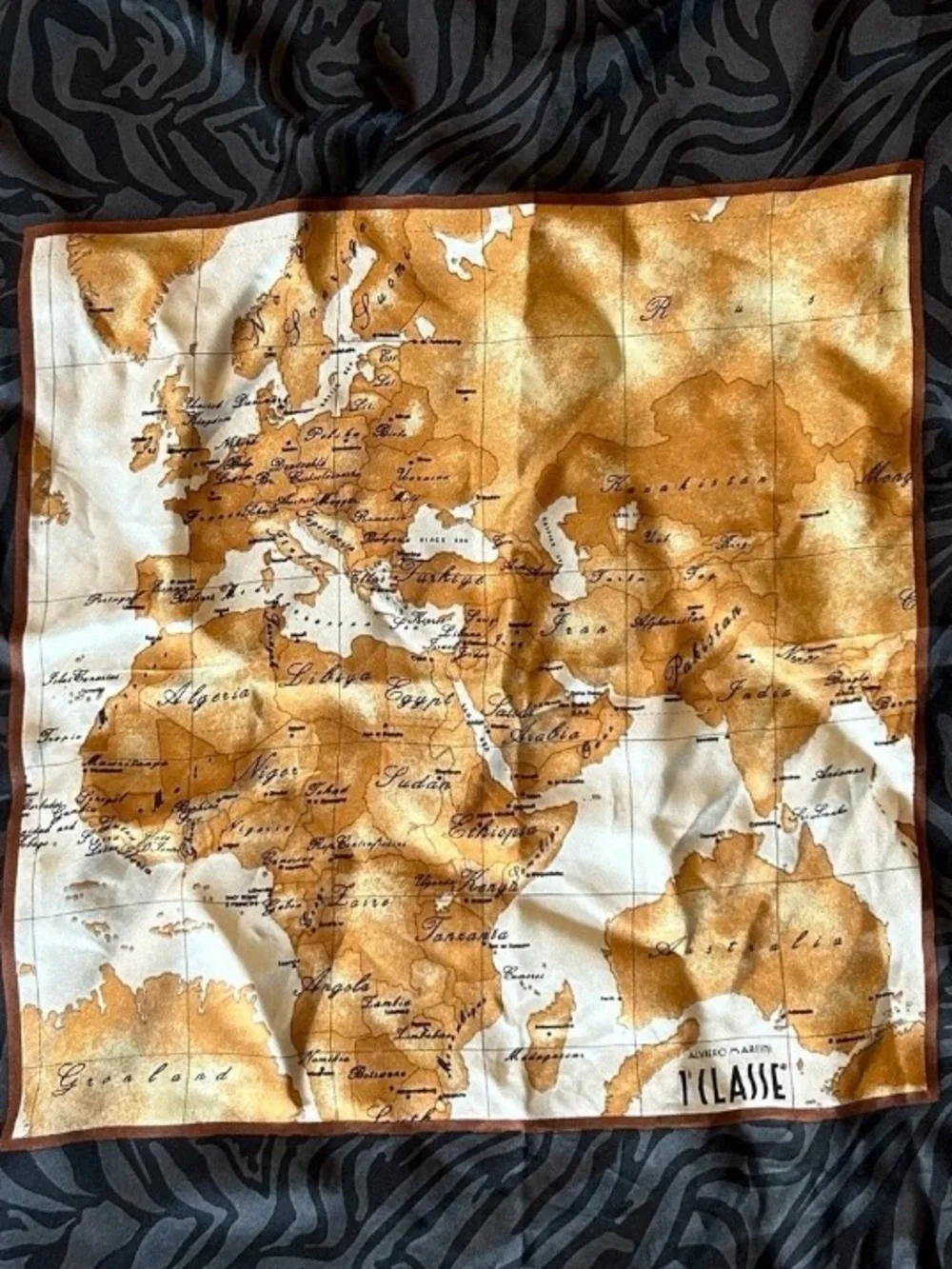 Alviero Martini La Classé Map Print Silk Scarf in Brown and Black - Picture 6 of 7